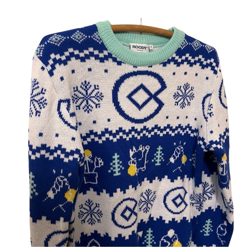 Roody Ugly Christmas Holiday Men's size Small Blue white Knit Sweater Snowflake - Picture 3 of 9